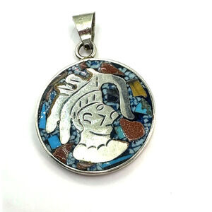 VTG Sterling Mexico Medallion Pendant Aztec Coin Two Sided Inlay Art Warrior 29g